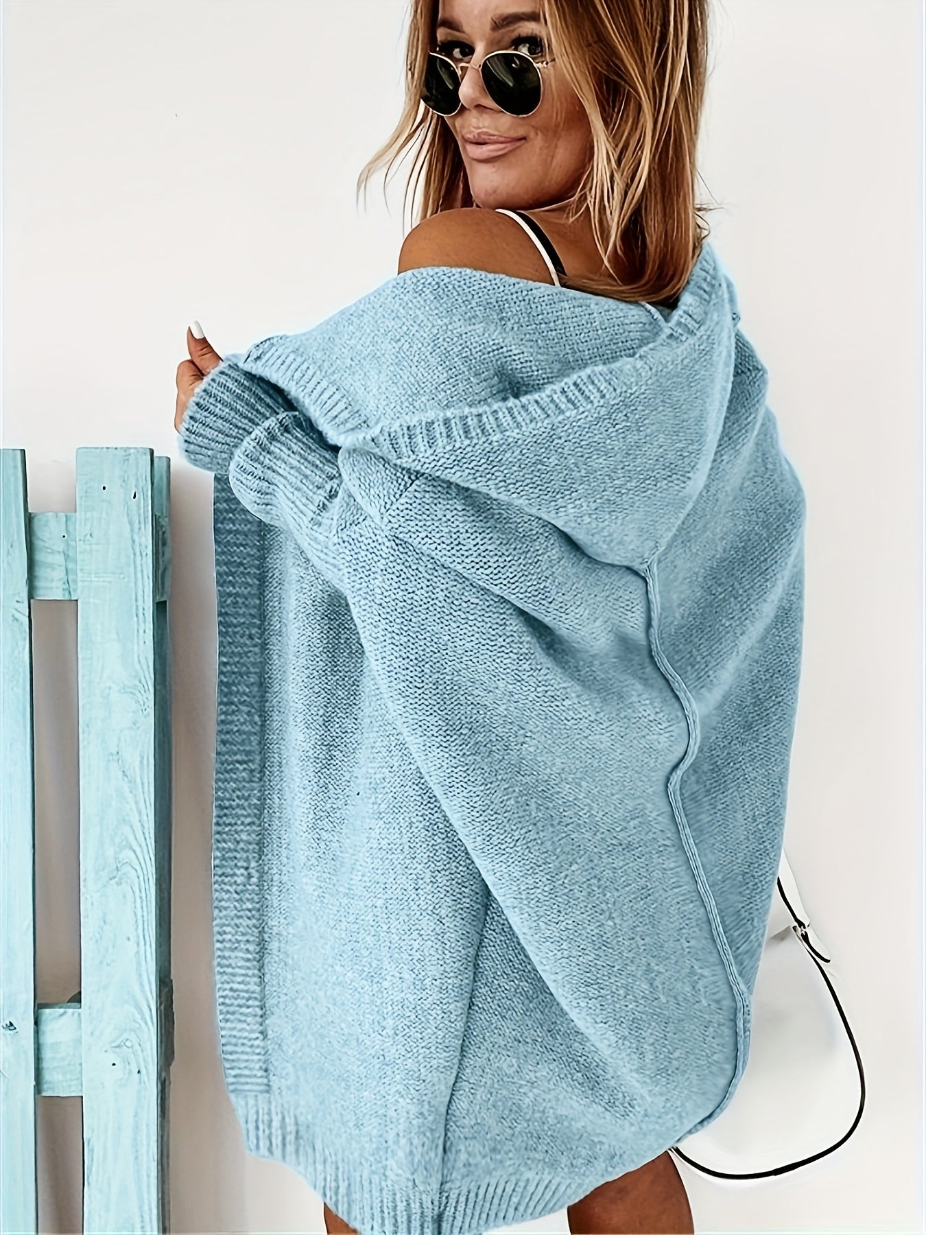 Open Front Hooded Cardigan Batwing Sleeve Mid Length Sweater