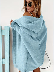Open Front Hooded Cardigan Batwing Sleeve Mid Length Sweater