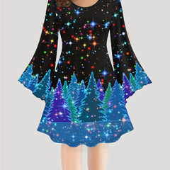 Christmas Casual Dress Women's Plus Tree Print Long Sleeve Dress