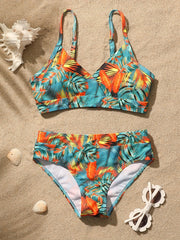 2pcs Girl's Tropical Leaf Cami Top & Shorts Bikini Swimsuit Set