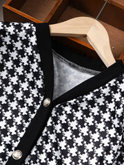 Girls V-neck Cardigan & Skirt 2pcs Houndstooth Casual Kids Clothes