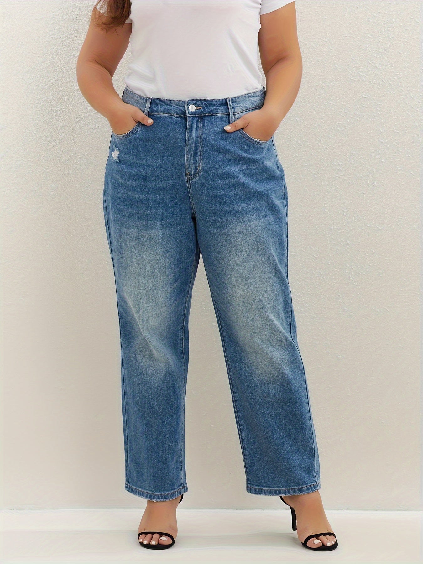 Washed High Rise Loose Fit Straight Leg Jeans