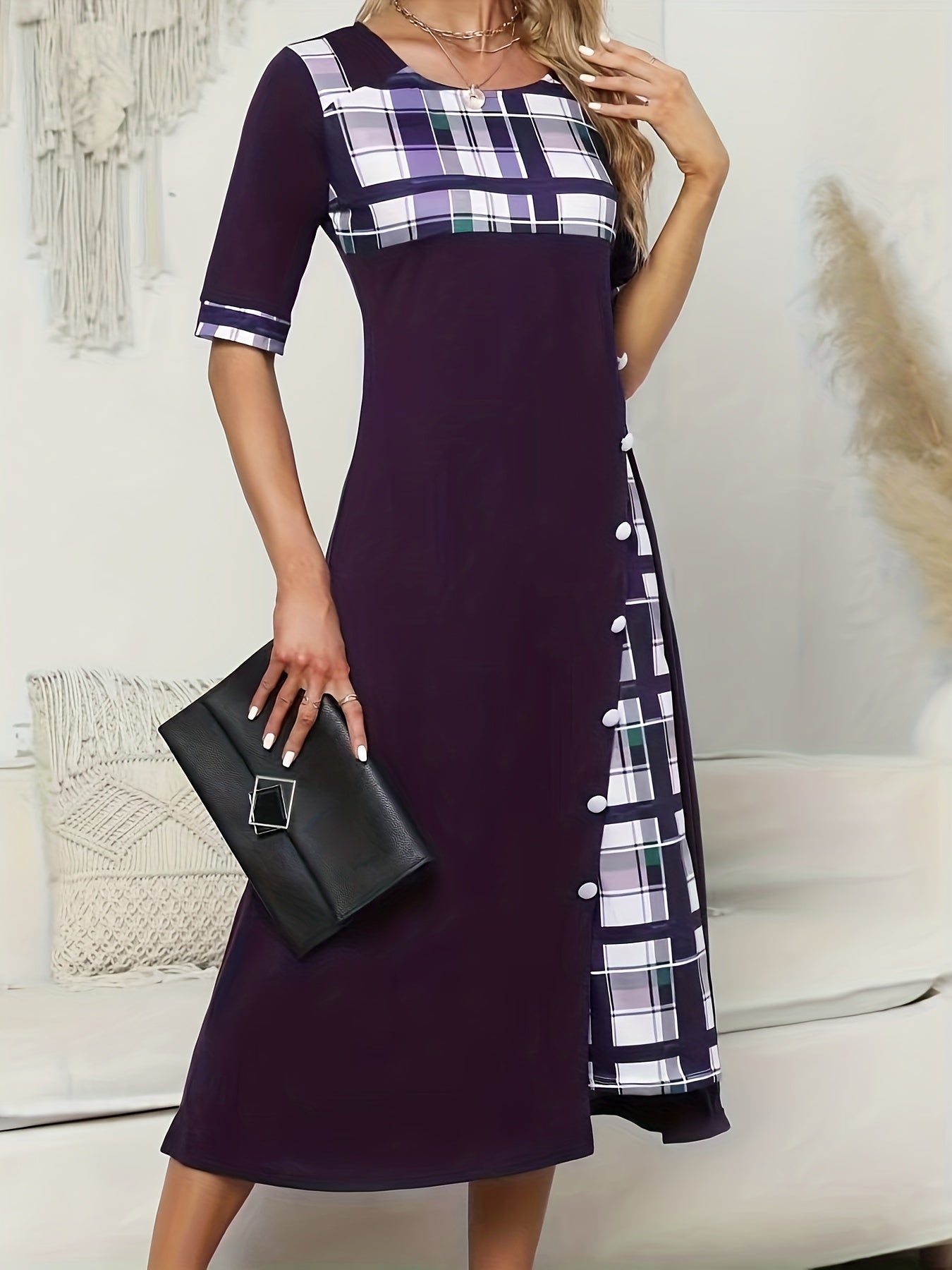 Plaid Print Button Decor Short Sleeve Dress With Pockets