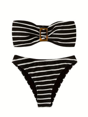 Striped Bandeau Bikini High Cut Swimsuit Set