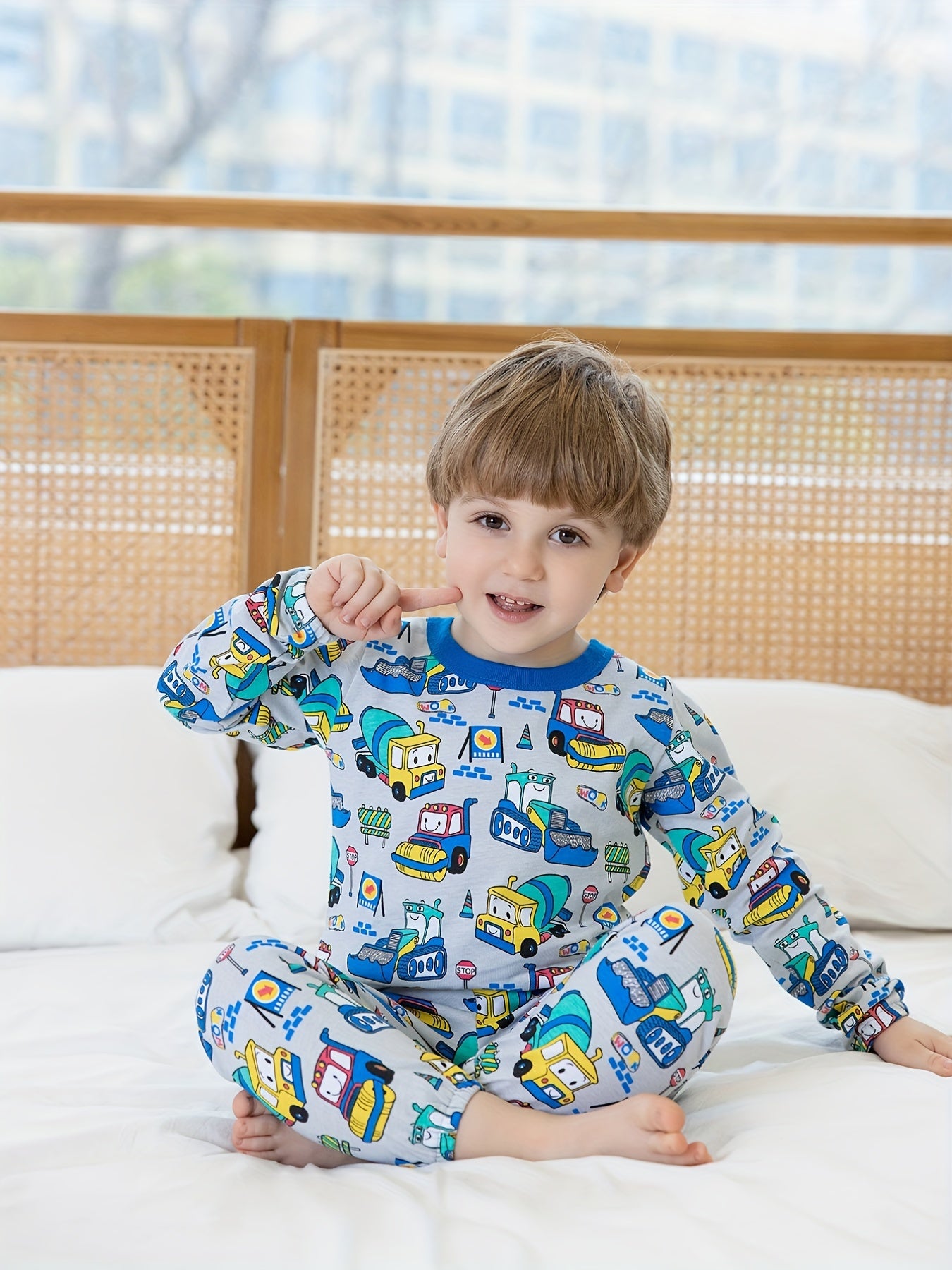 Boys Cartoon Car Print Cotton Pajamas Set