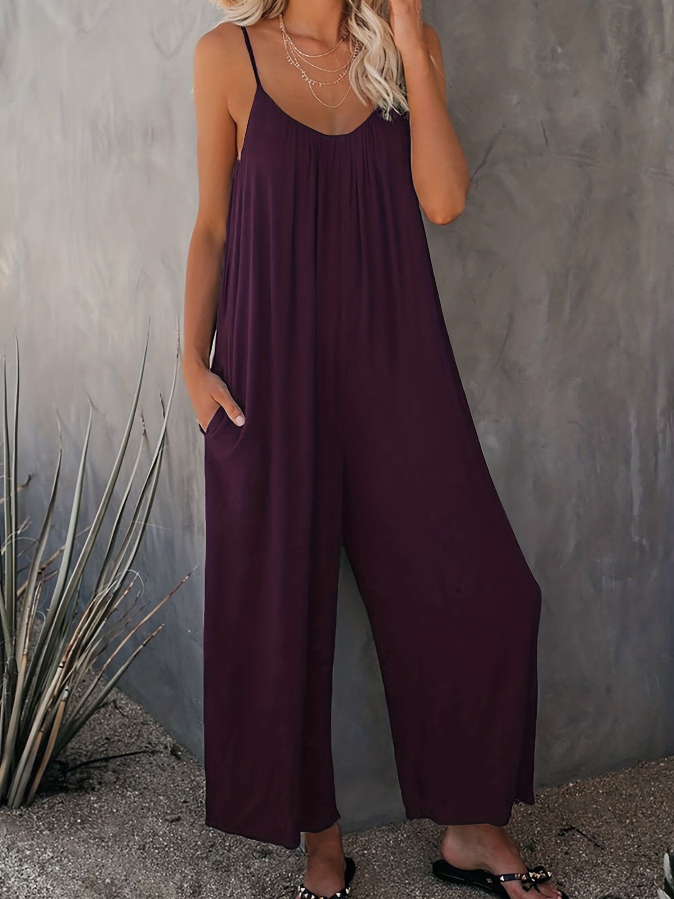 V-Neck Wide Leg Jumpsuit with Pockets