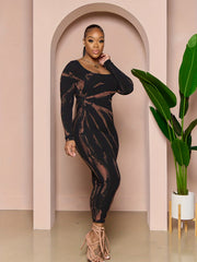 Sexy Dress Random Print Long Sleeve Bodycon Midi Maxi Dress