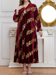 Golden Floral Print Flounce Sleeve Abaya Dress