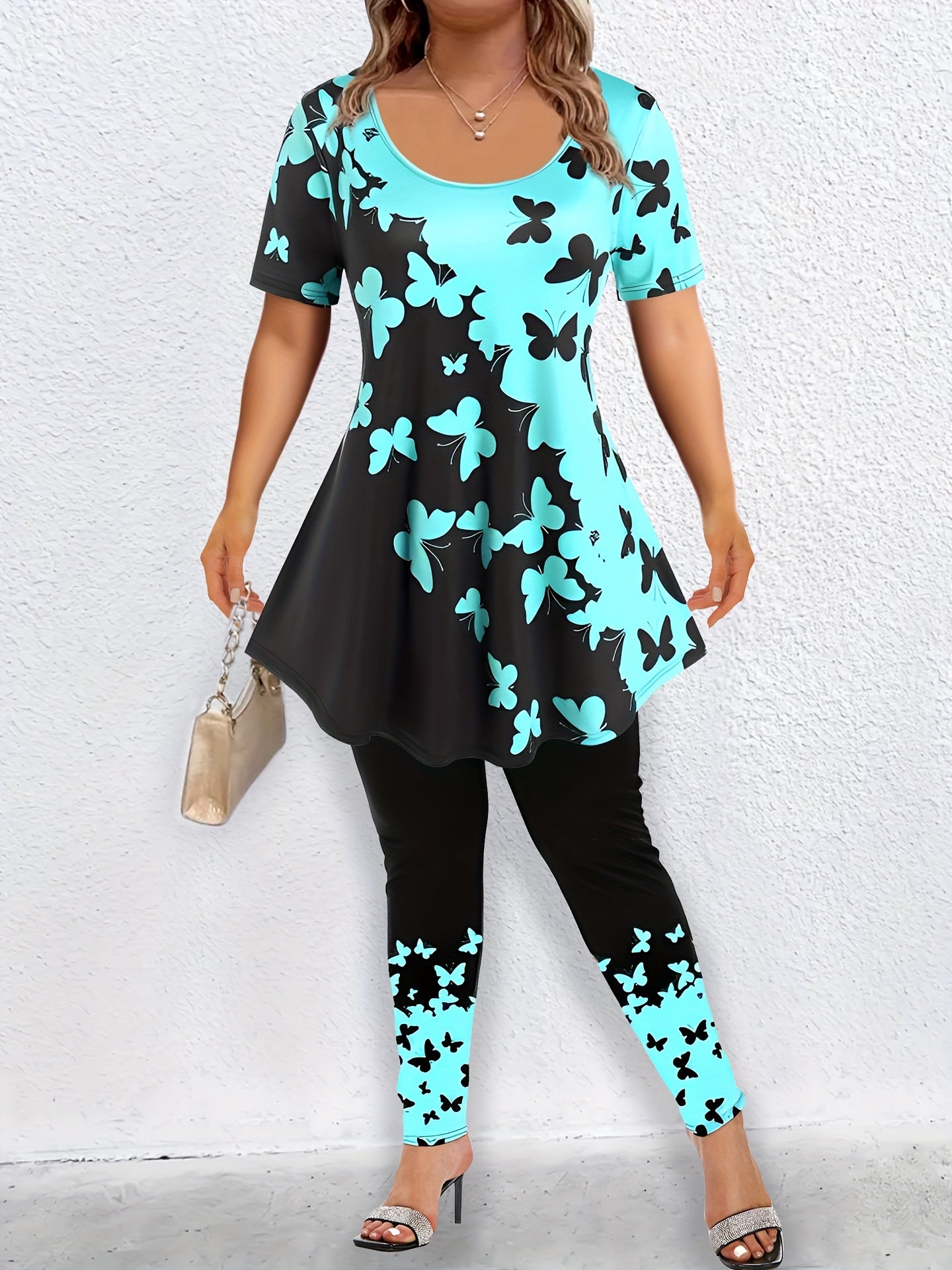 Colorblock Butterfly Print Top & Leggings Set