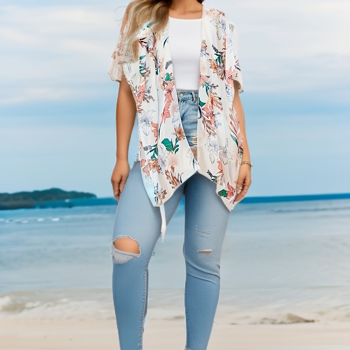 Floral Print Batwing Sleeve Beach Cover Up
