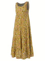 Floral Print Tank Dress Vintage Sleeveless Ruched Dress