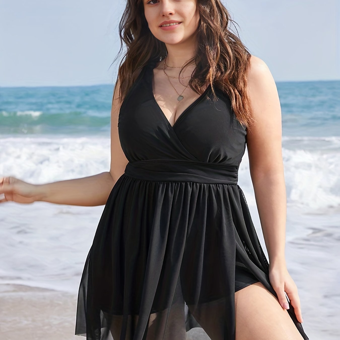V-Neck Mesh Top & Shorts Swimsuit Two Piece Set