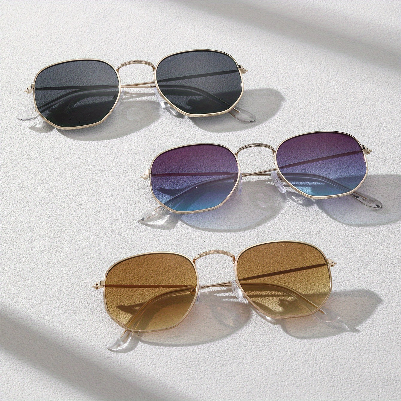 3pcs Metal Square Frame Sunglasses with Zipper Case