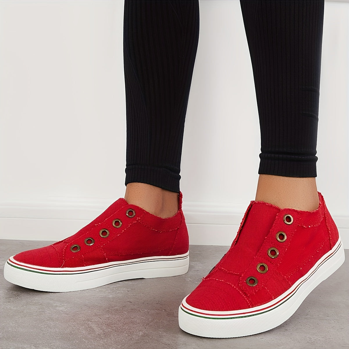 Women's Red Low Top Canvas Sneakers Round Toe Non Slip Walking Shoes