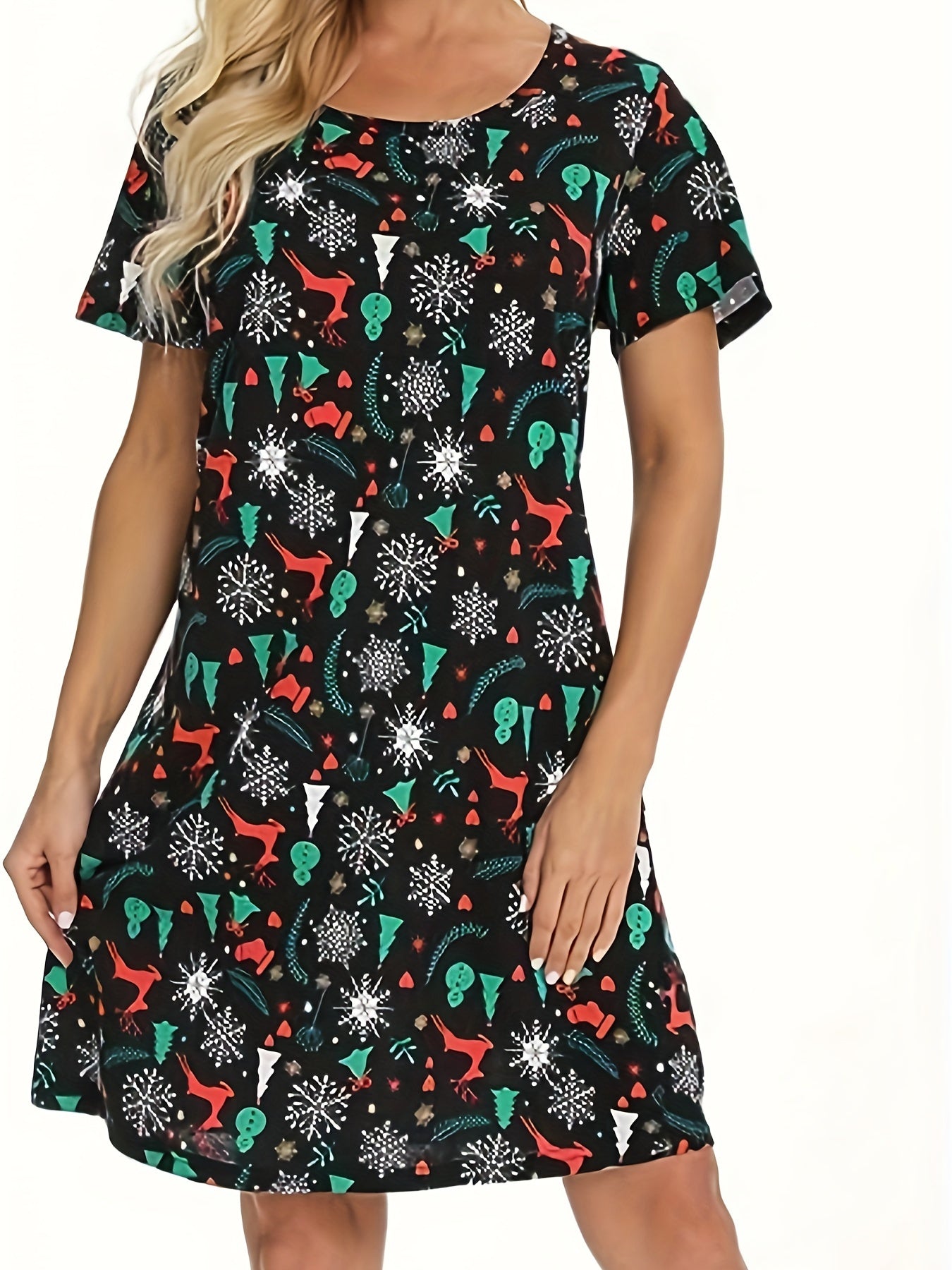 Christmas Nightdress Women's Plus Allover Print Short Sleeve Tee