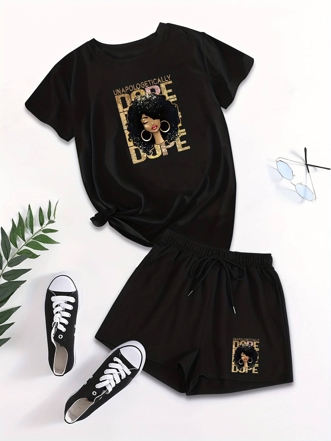 Graphic & Letter Print Casual Short Sleeve T-shirt & Drawstring Waist Set