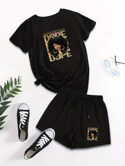Graphic & Letter Print Casual Short Sleeve T-shirt & Drawstring Waist Set