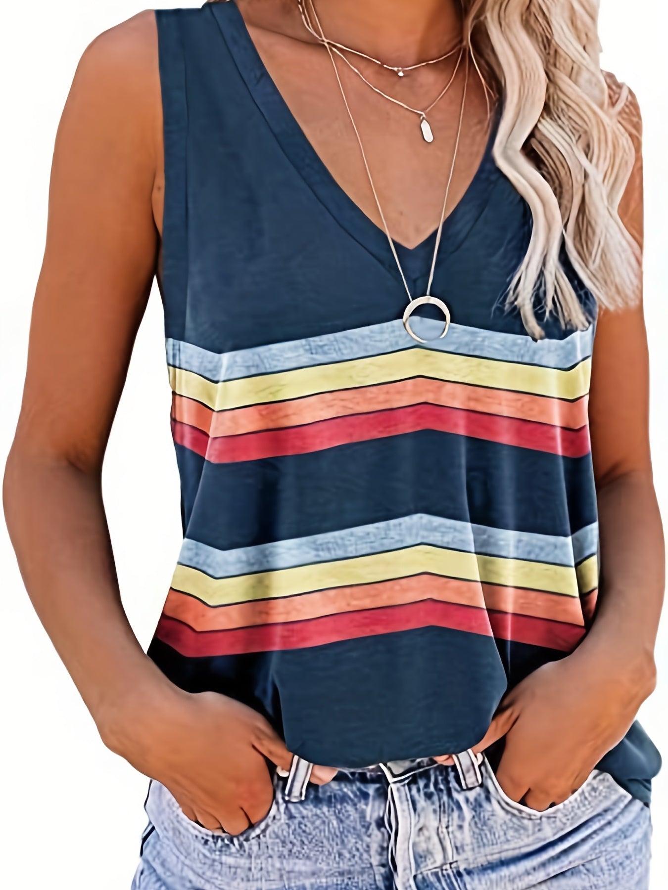 Stripe Print V Neck Tank Top