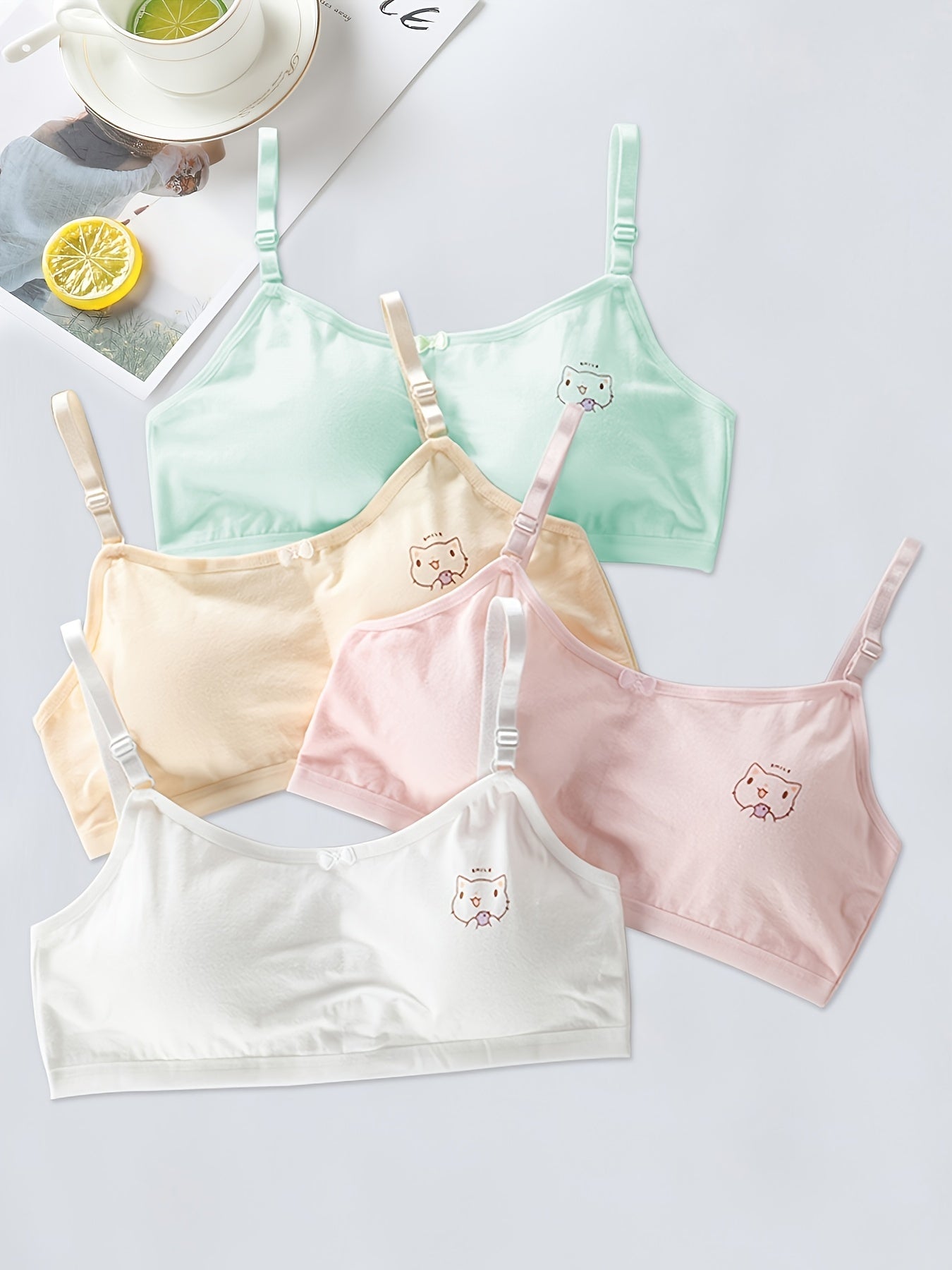 4pcs Girls Bra Stretchy Bralette Adjustable Straps Cat Print 3pcs Cami Bra