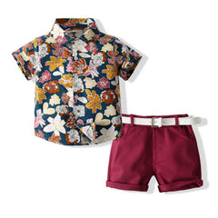 Boys Flower Outfit Shirt & Shorts & Belt Casual Summer Kids Clothes