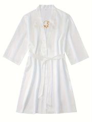 Letter Embroidery Night Robe V Neck Bridal Robe With Belt