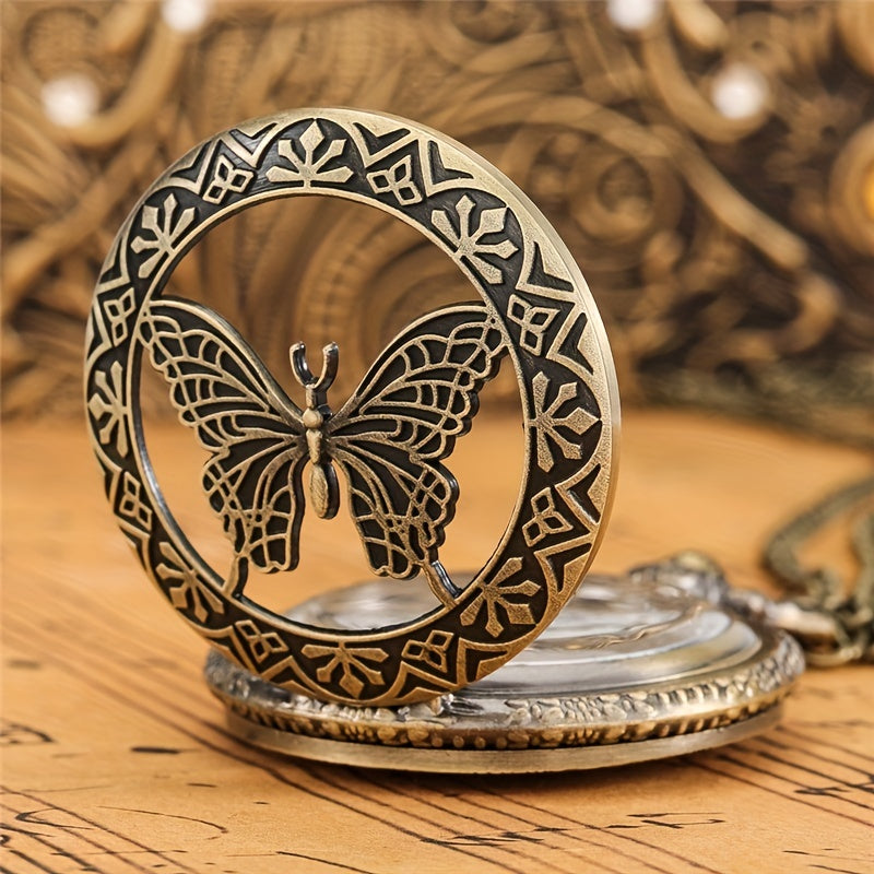 Vintage Butterfly Half Hunter Quartz Pocket Watch with Chain
