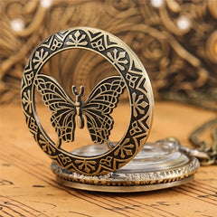 Vintage Butterfly Half Hunter Quartz Pocket Watch with Chain