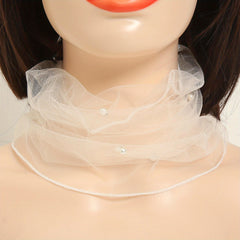 Chiffon Neck Collar Ruffles Infinity Scarf Faux Pearl Decor