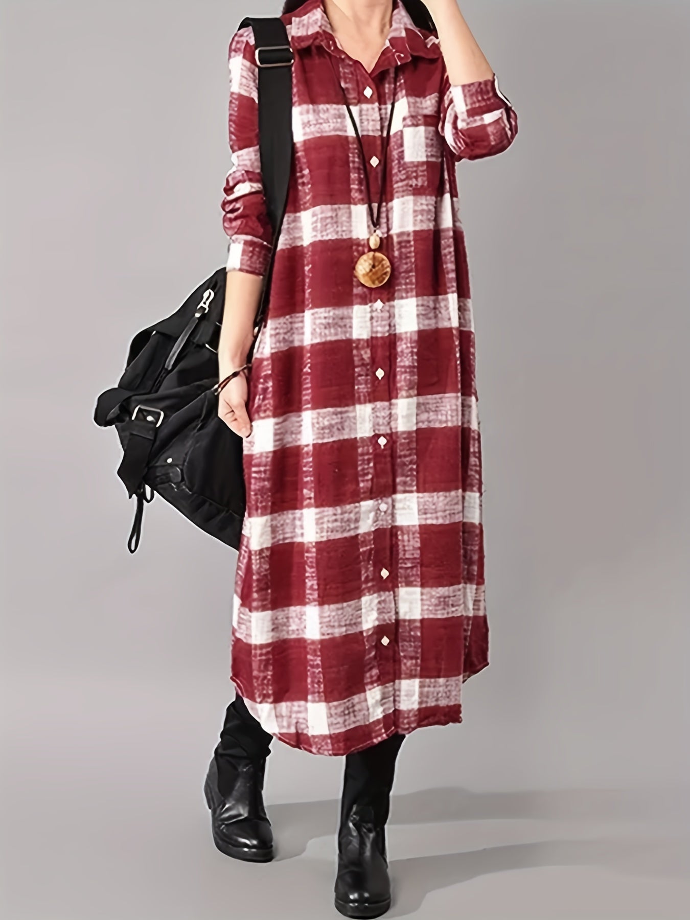 Gingham Print Polo Neck Shirt Dress