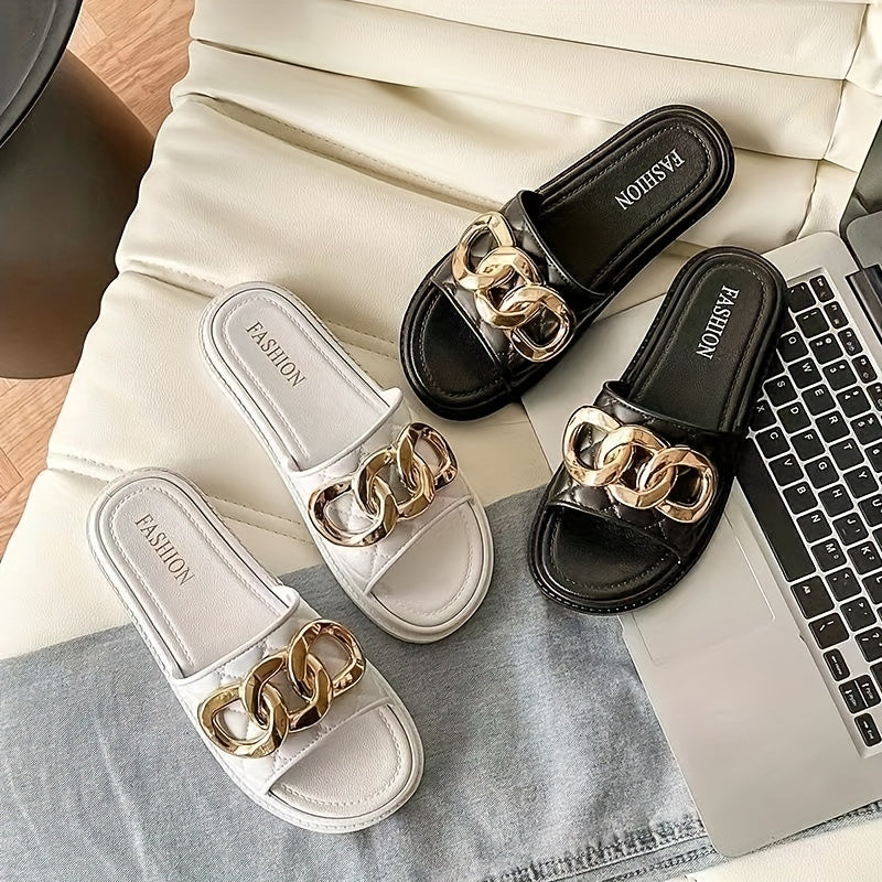 Women's Chain Decor Slide Shoes Quilted Soft Sole PVC Shoes