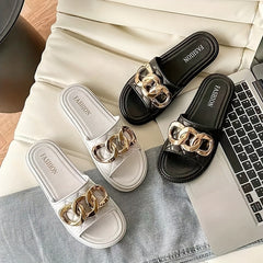 Women's Chain Decor Slide Shoes Quilted Soft Sole PVC Shoes