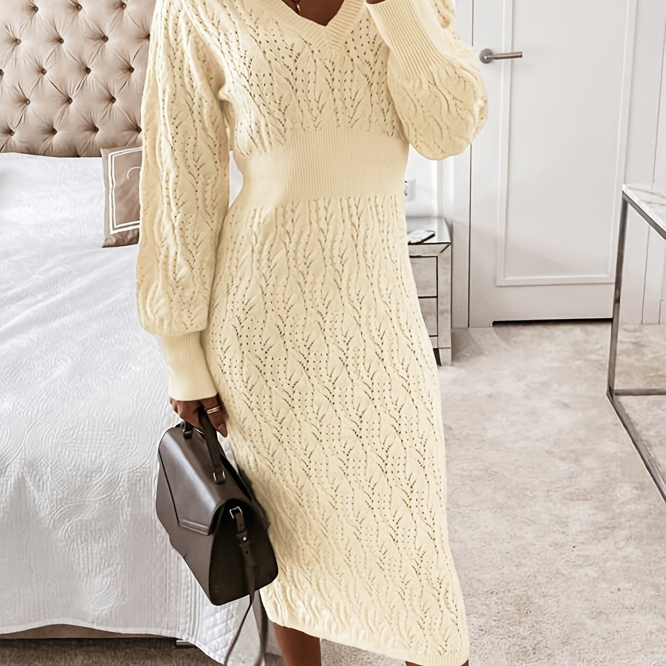 Eyelet Embroidered Sweater Dress V Neck Midi