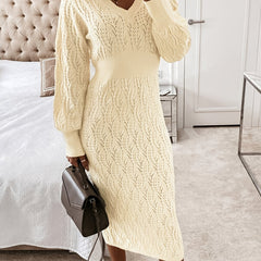 Eyelet Embroidered Sweater Dress V Neck Midi