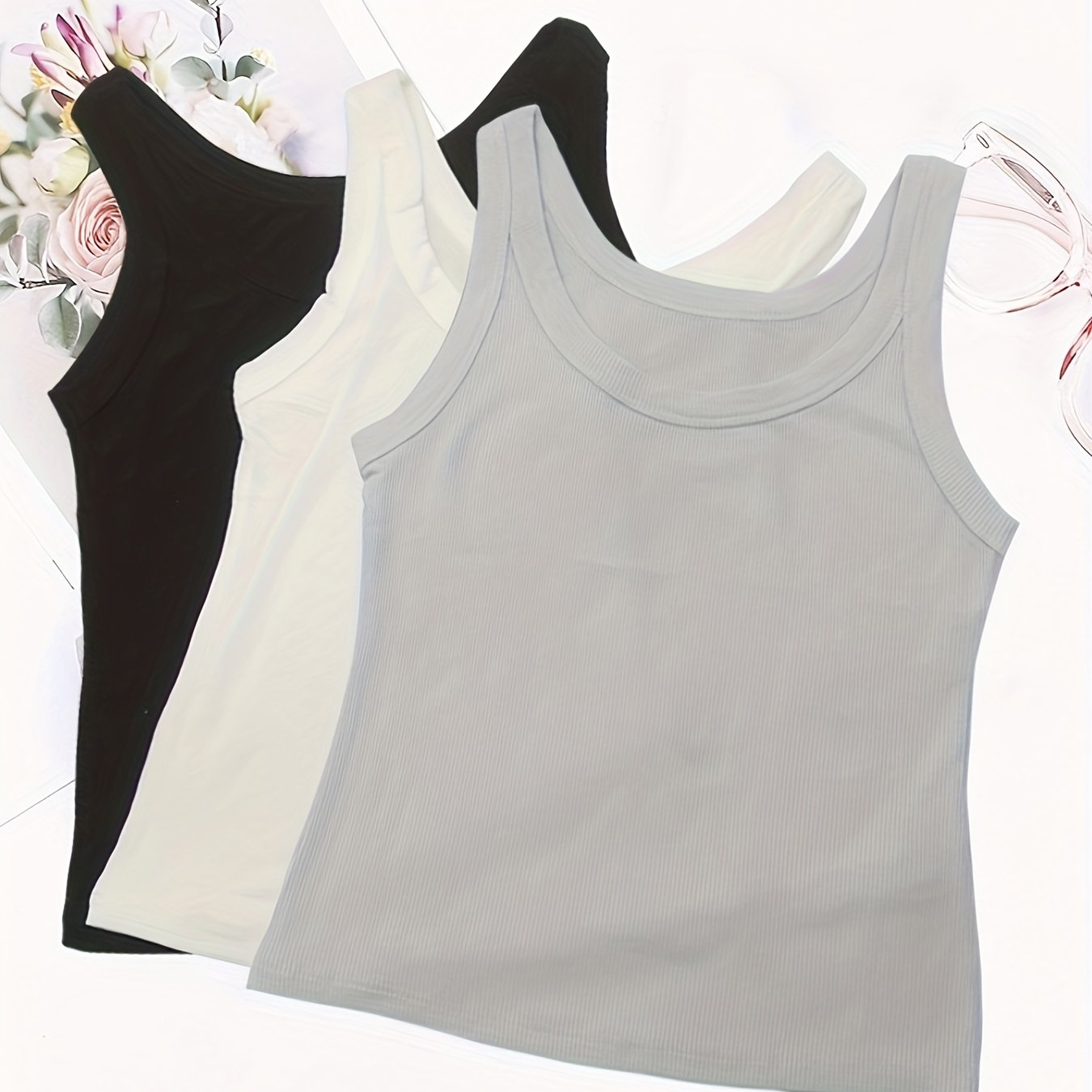 3pcs Ribbed Tank Tops Crew Neck All match Women's Lingerie