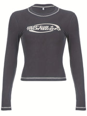 Letter Graphic Long Sleeve Crop Tops - Athletic Sports Tee