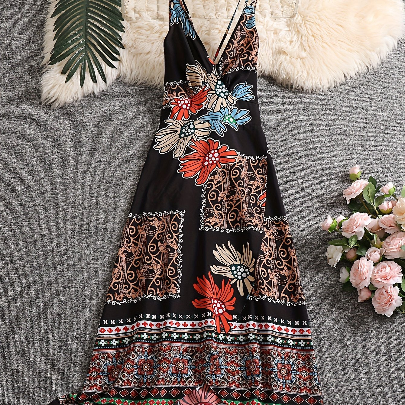 Plus Floral & Scarf Print Criss Cross V Neck Nipped Waist Cami Dress