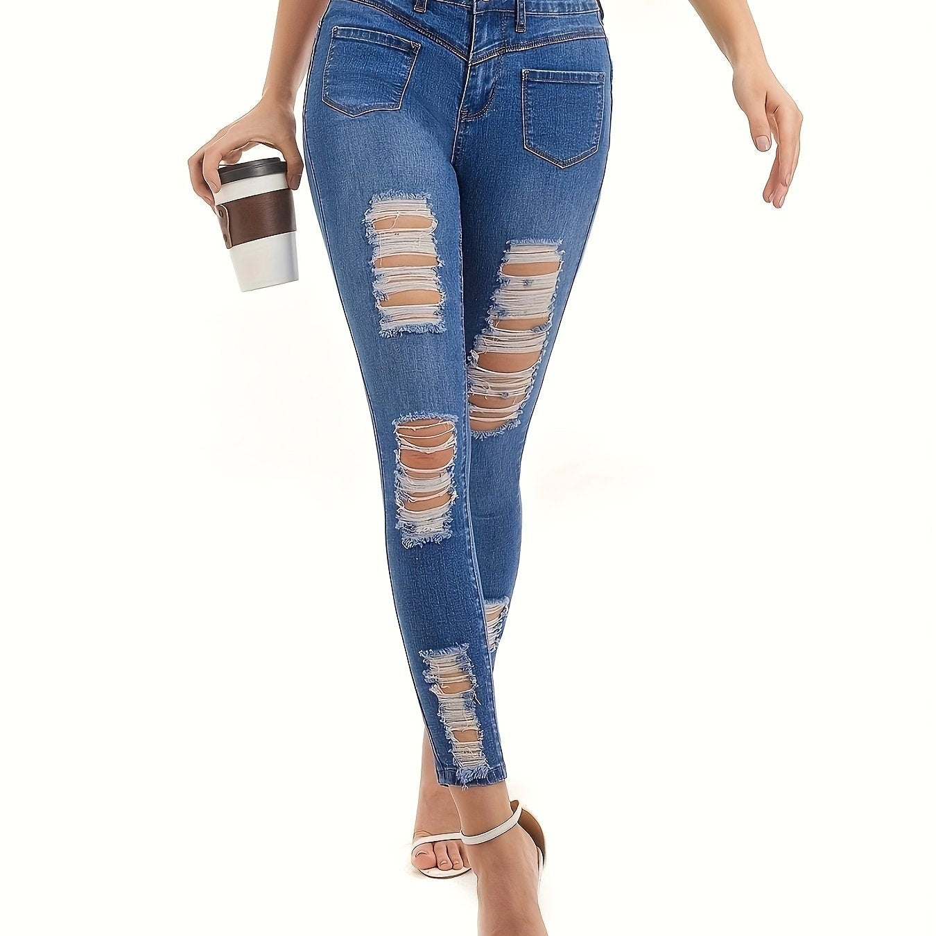 Solid Ripped High Stretch Skinny Jeans