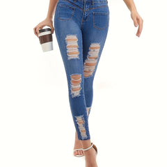 Solid Ripped High Stretch Skinny Jeans