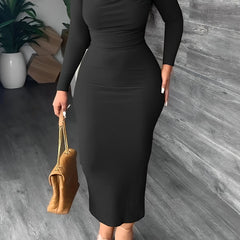 Solid Long Sleeve Cowl Neck Dress