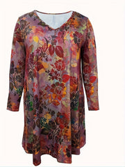 Floral Print Long Sleeve V Neck Casual Dress
