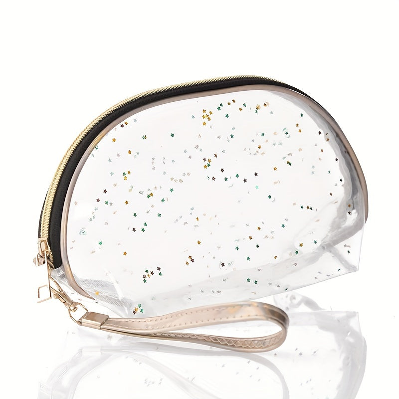 Semicircle Stars Sequin Makeup Bag With Wristlet Dumpling Toiletry Mesh Pouch