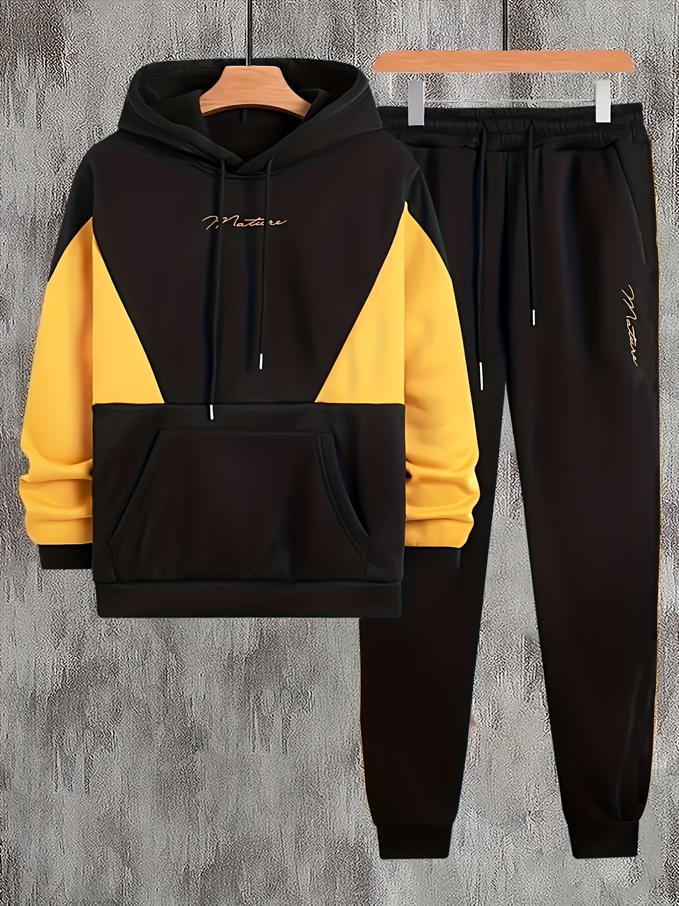 Men's Letter Print Hoodie & Sweatpants Set + Yellow Block Top