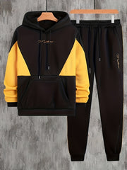 Men's Letter Print Hoodie & Sweatpants Set + Yellow Block Top