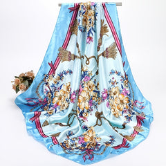 Satin Flower Print Headband Scarf Vintage Warm Shawl for Women