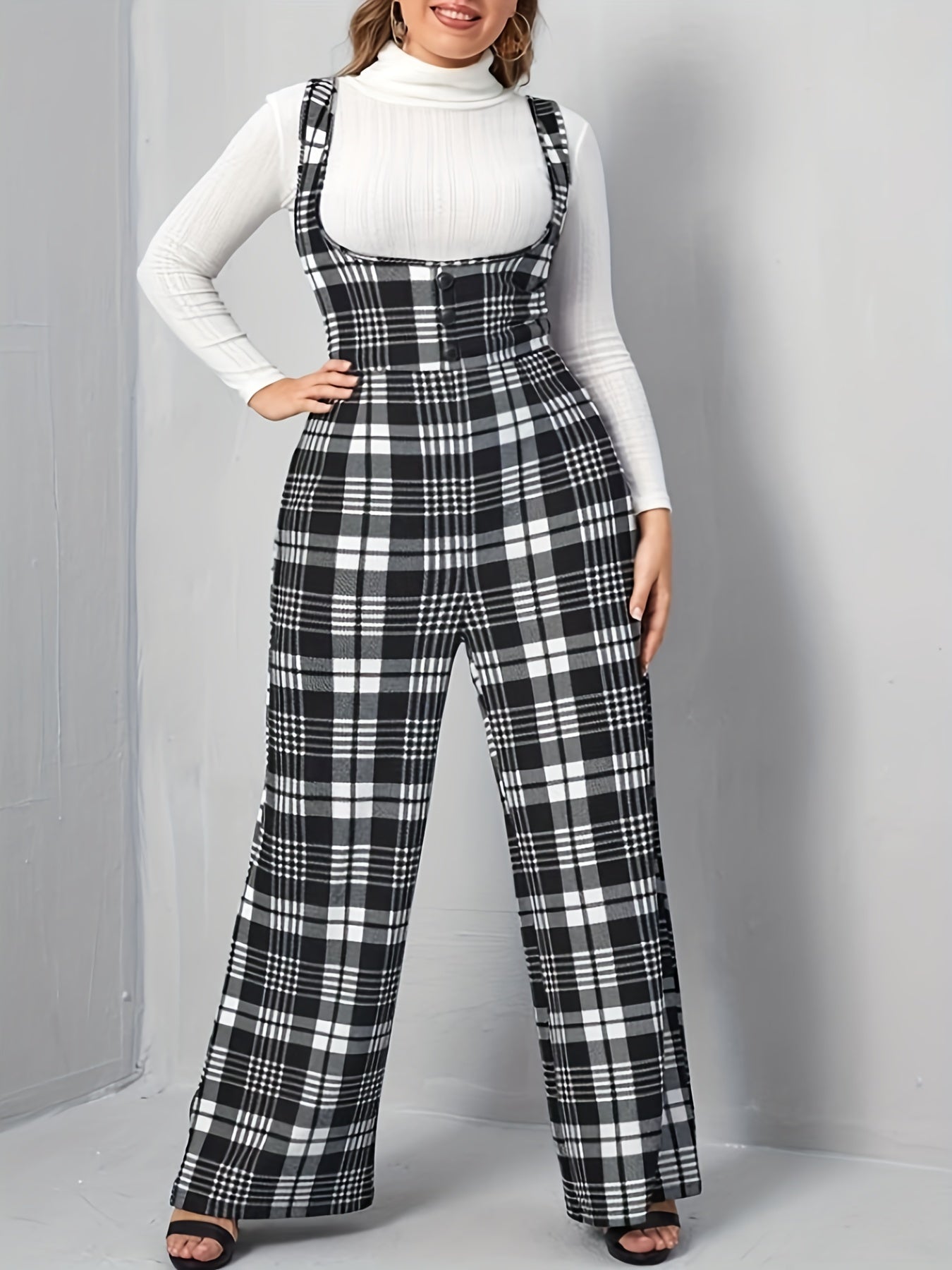 Plaid Overall Straight Leg Jumpsuit Button Decor