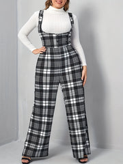 Plaid Overall Straight Leg Jumpsuit Button Decor