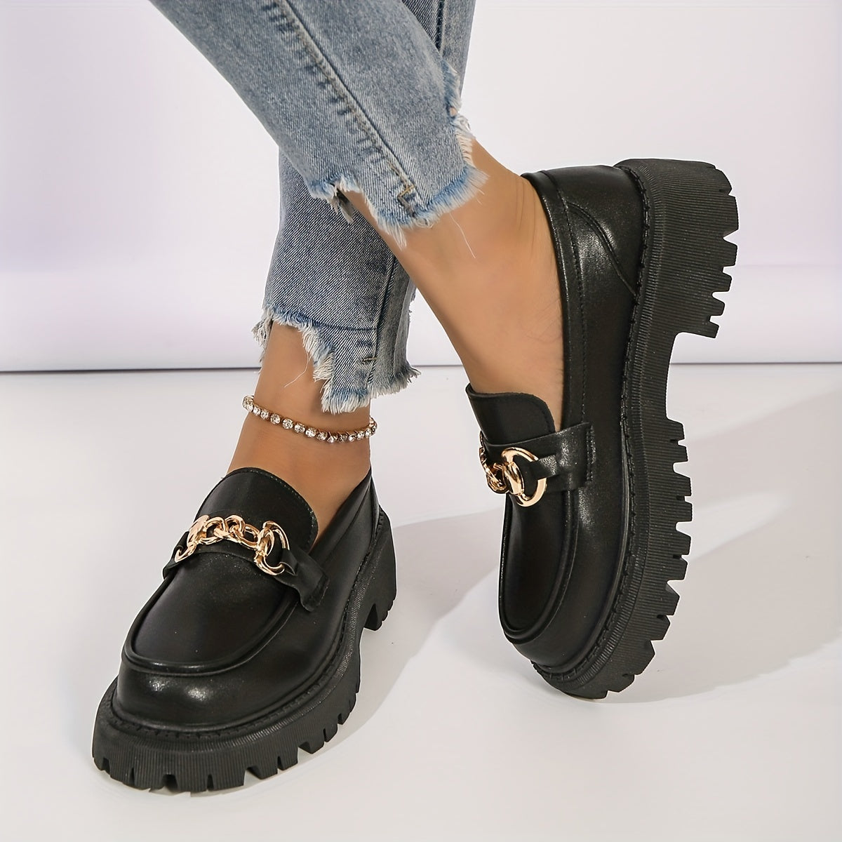 Platform Loafers Metallic Buckle Chunky Heeled Shoes Slip On Shoes