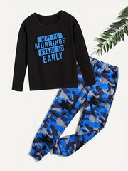 Boys Alphabet Print Top & Camo Trousers Pajama Set