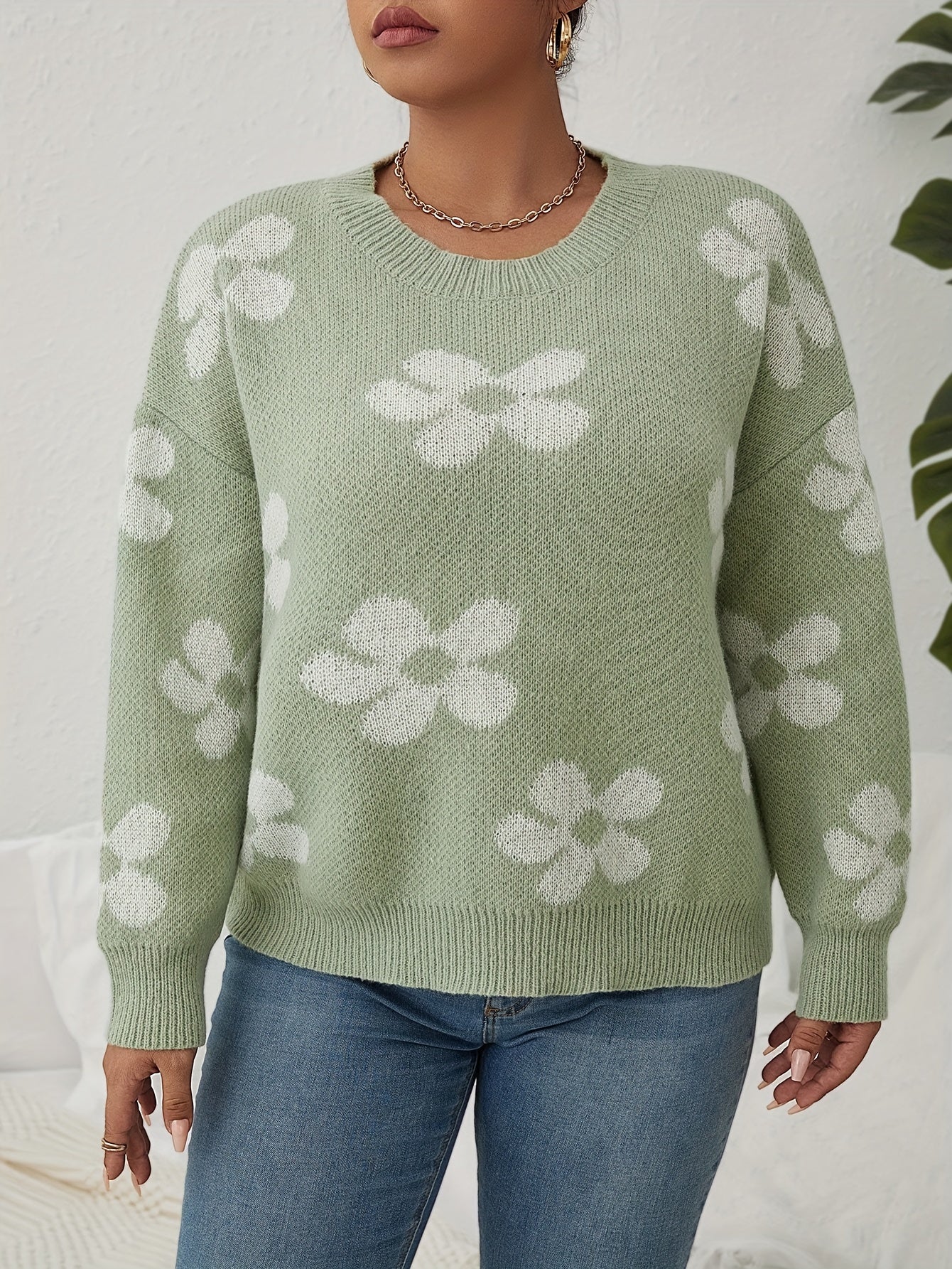 Floral Pattern Sweater Long Sleeve Round Neck Pullover