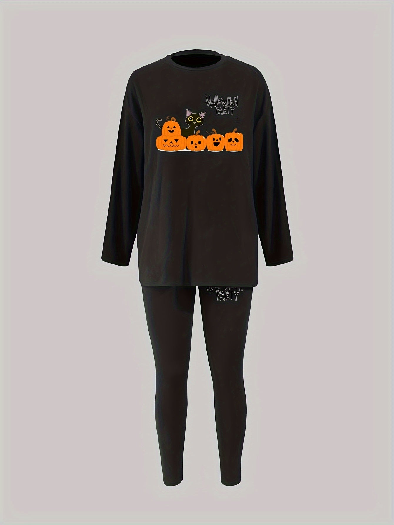 Pumpkin & Cat Print Long Sleeve Tee & Leggings Pajama Set